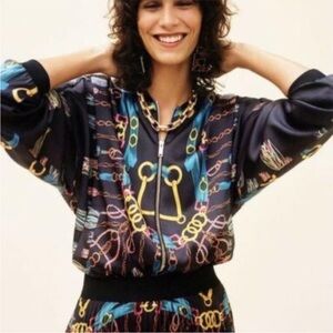 Zara Women's Bomber Jacket Black Satin Chain Baroque Print Size Small